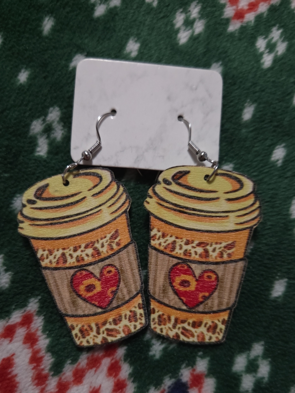 Yellow Coffee Cup Dangle Earrings with Heart Accent